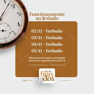 Feed comunicado funcionamento dia dos finados feriado