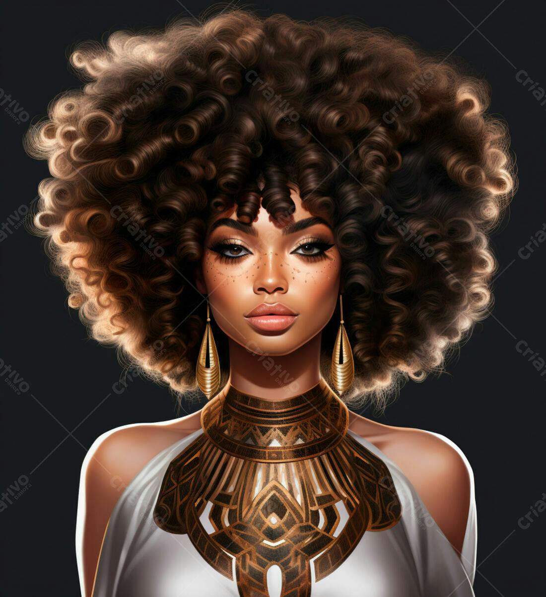 Retrato Mulher Negra com Afro e Colar Dourado