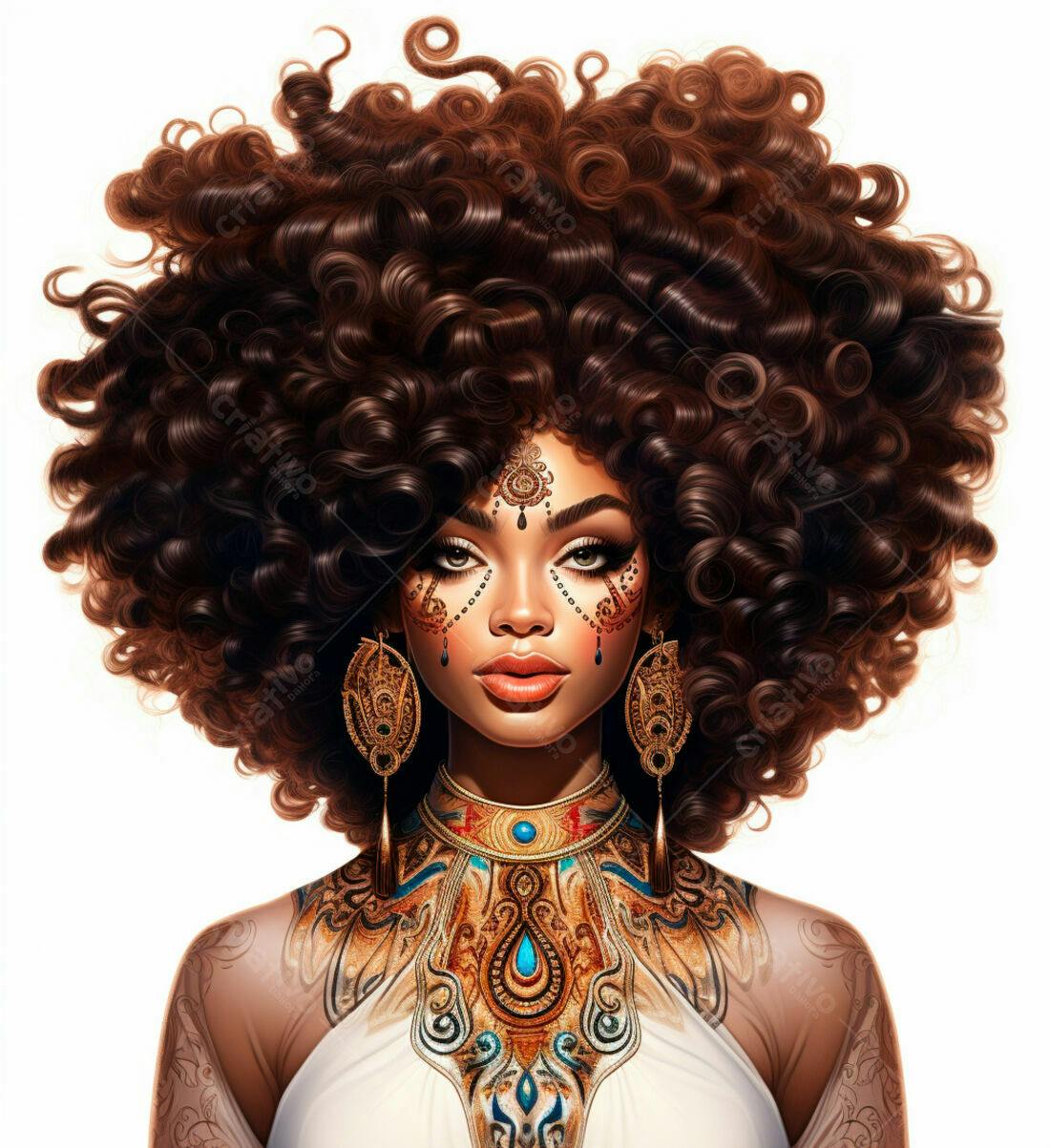 Mulher negra com cabelo afro e joias douradas
