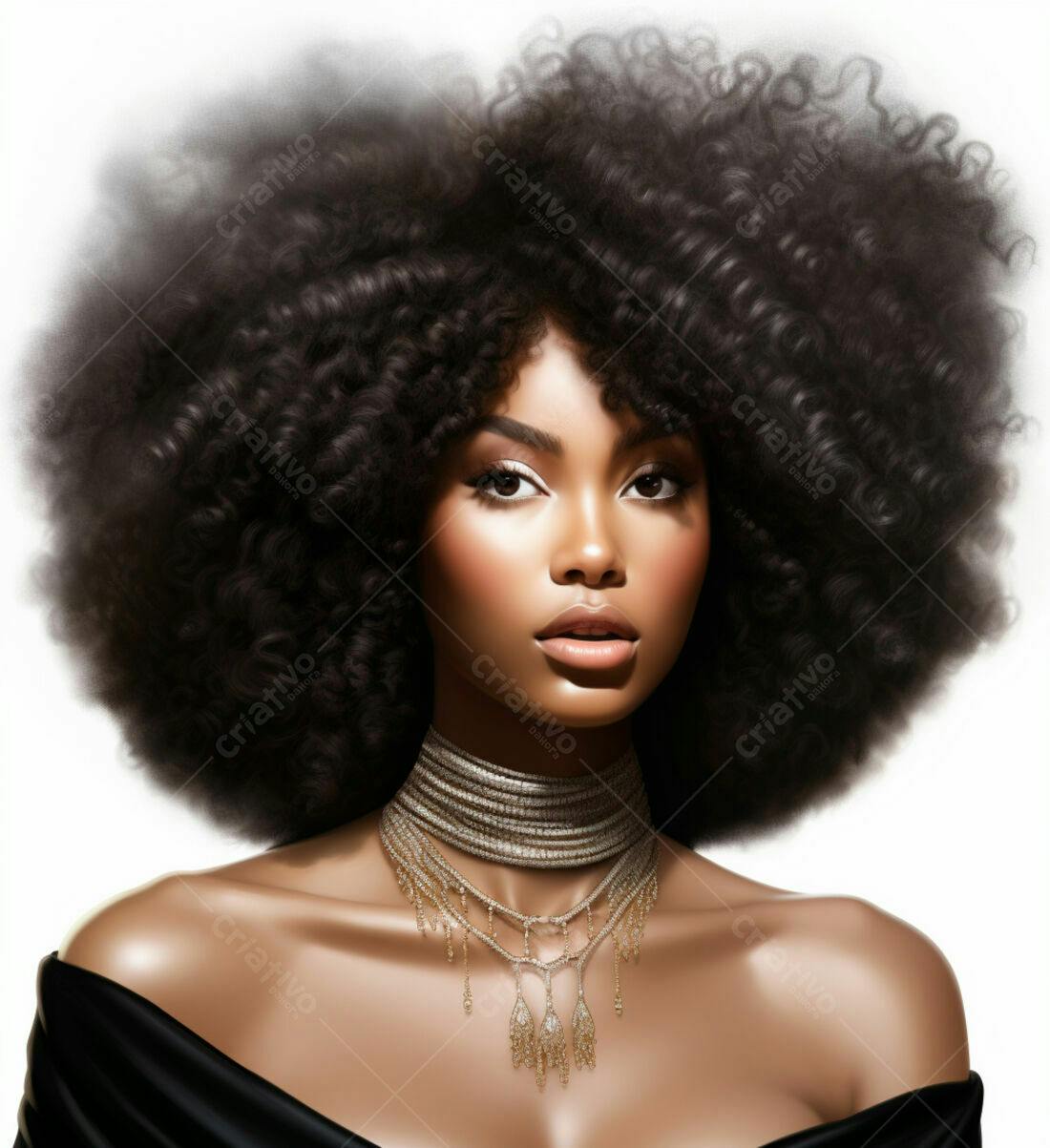 Modelo negra com cabelo afro e colar de diamantes