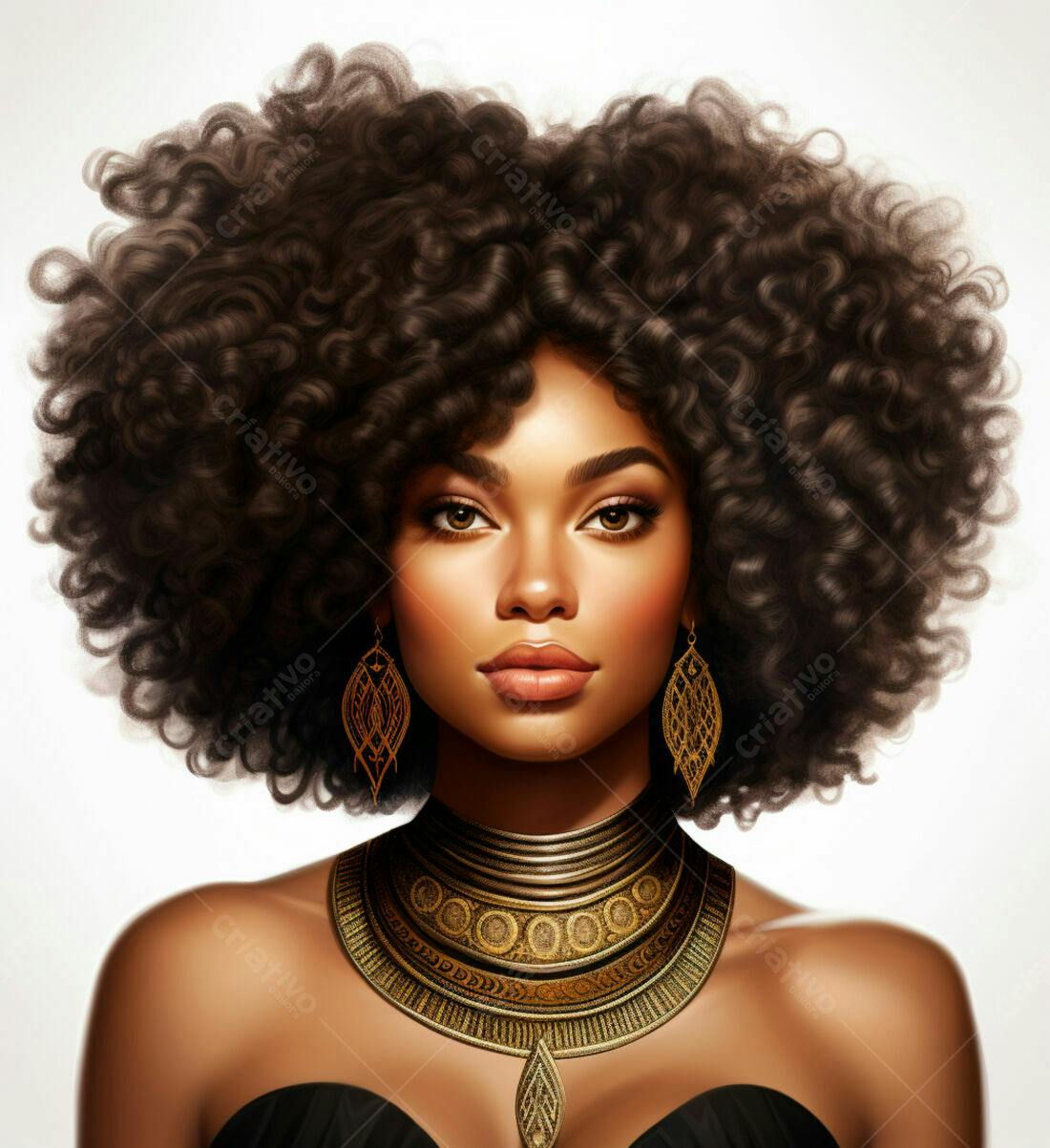 Mulher negra com cabelo afro e joias douradas