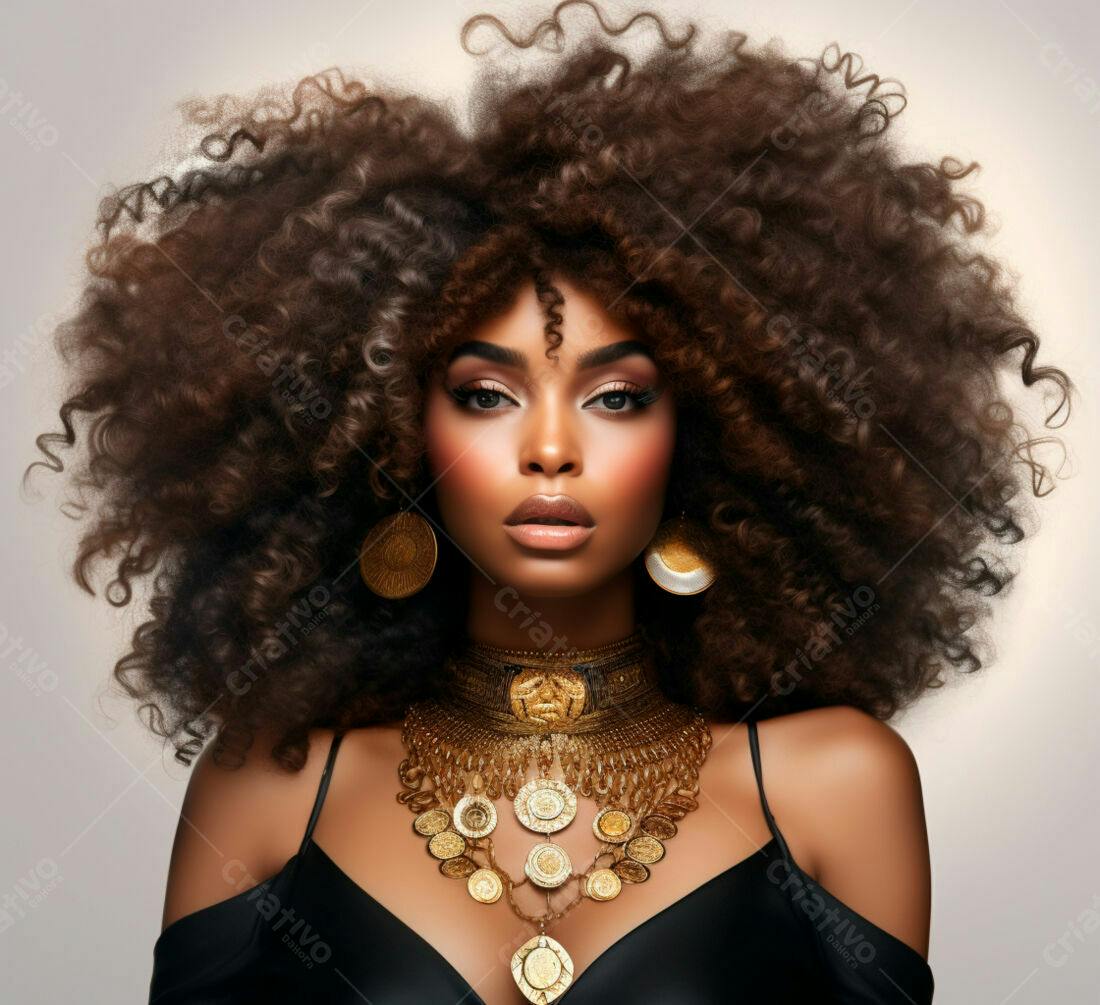 Modelo negra com cabelo afro usando joias douradas