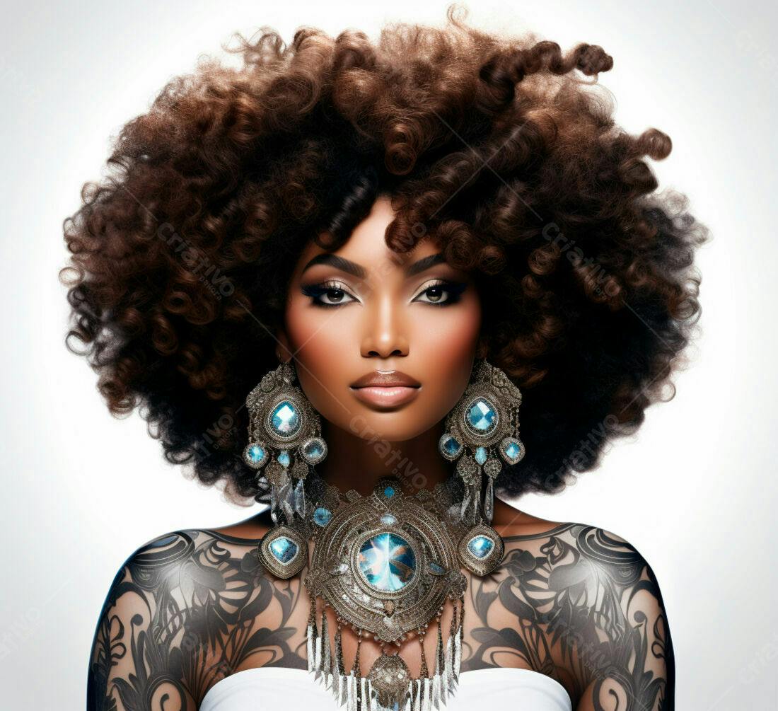 Modelo negra com cabelo afro e joias turquesa