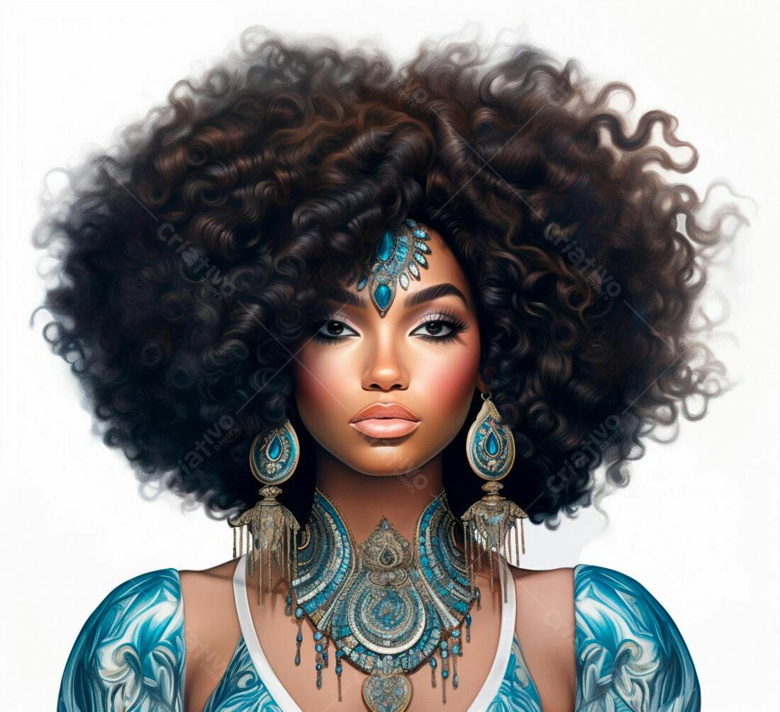 Mulher negra com joias turquesa e cabelo afro