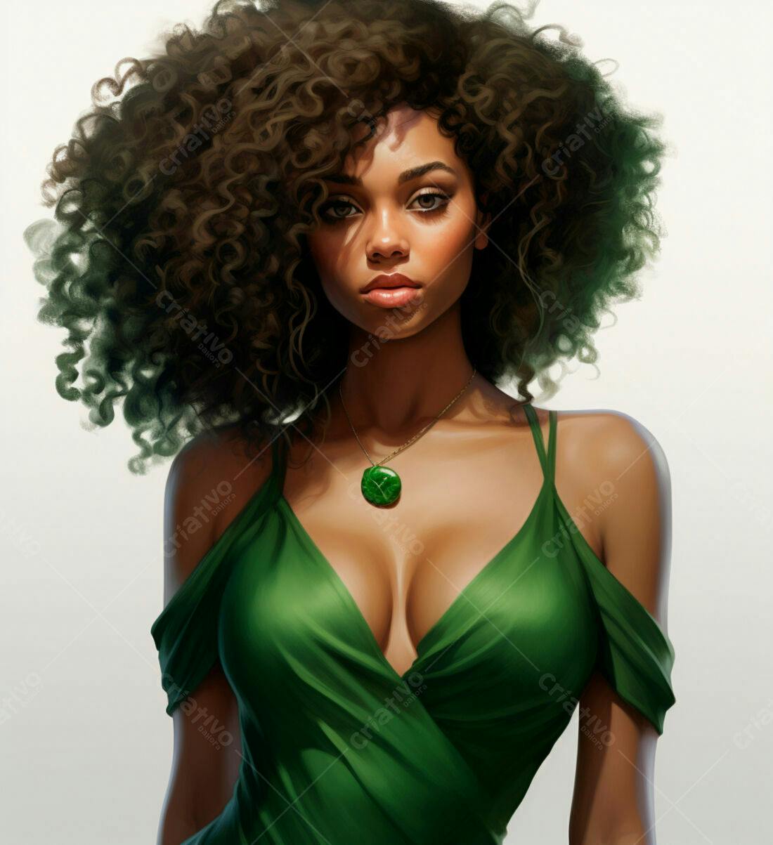 Mulher negra com vestido verde e cabelo afro