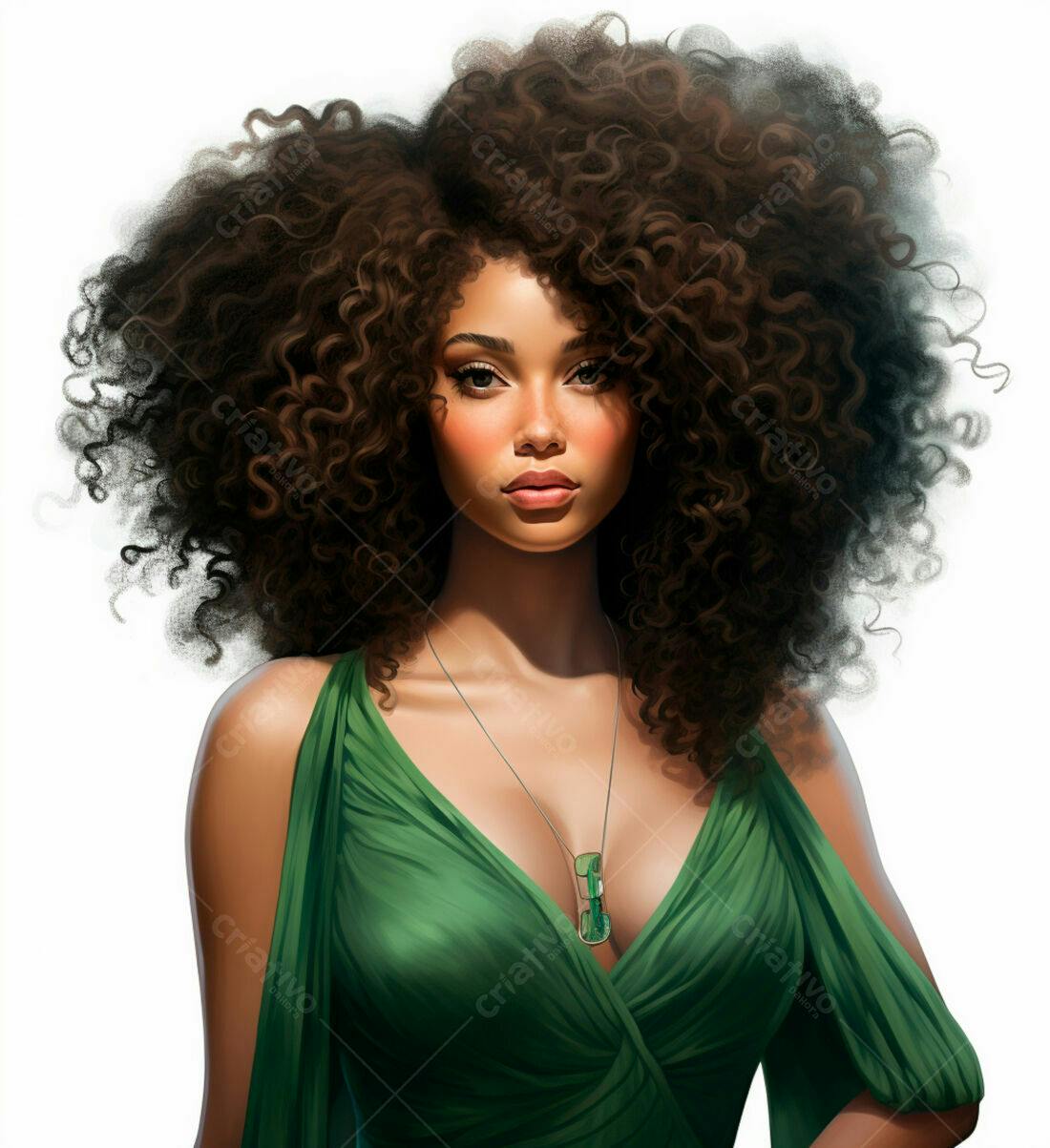 Retrato mulher negra vestido verde cabelo crespo
