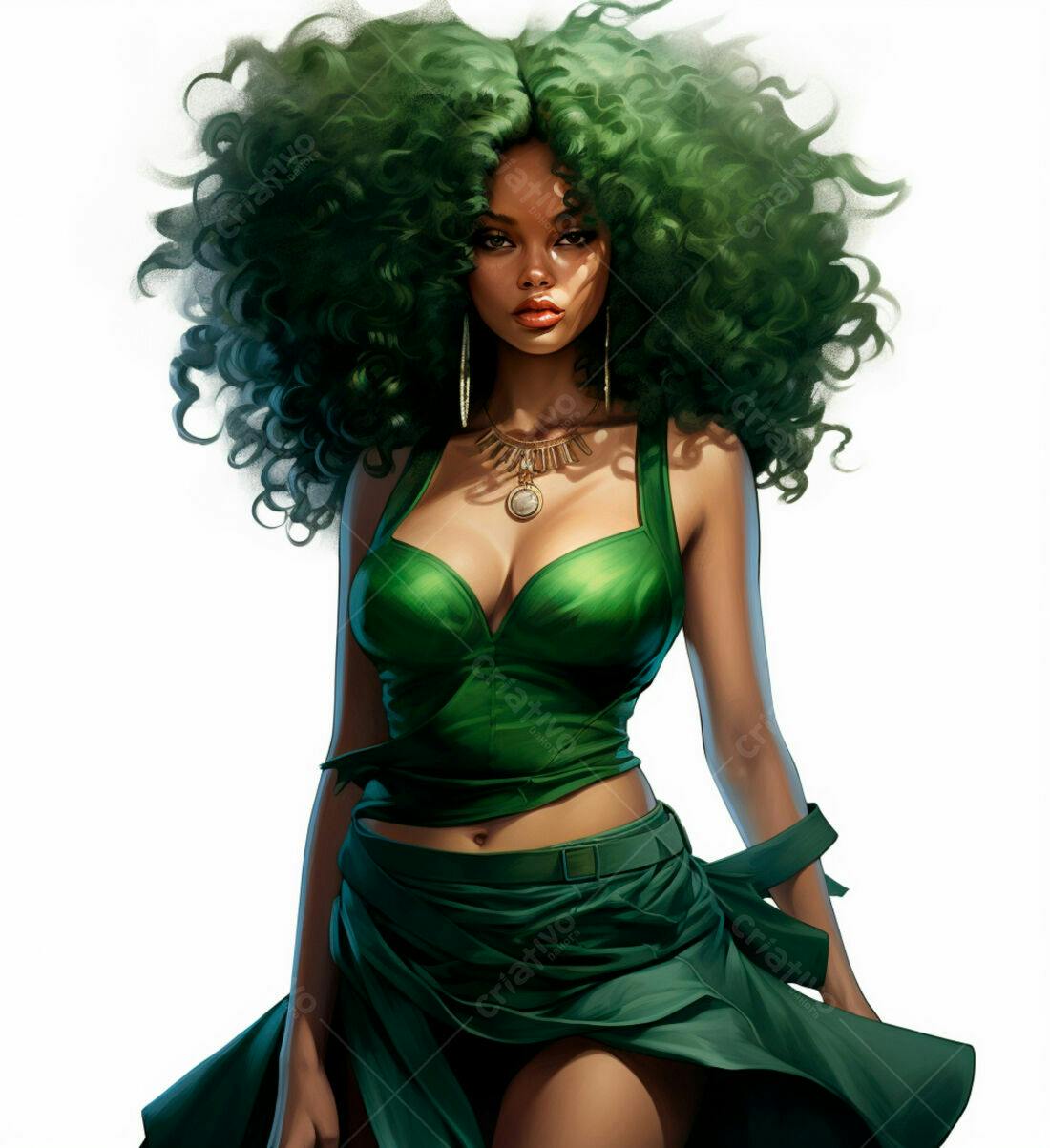 Mulher negra com cabelo verde esmeralda e vestido