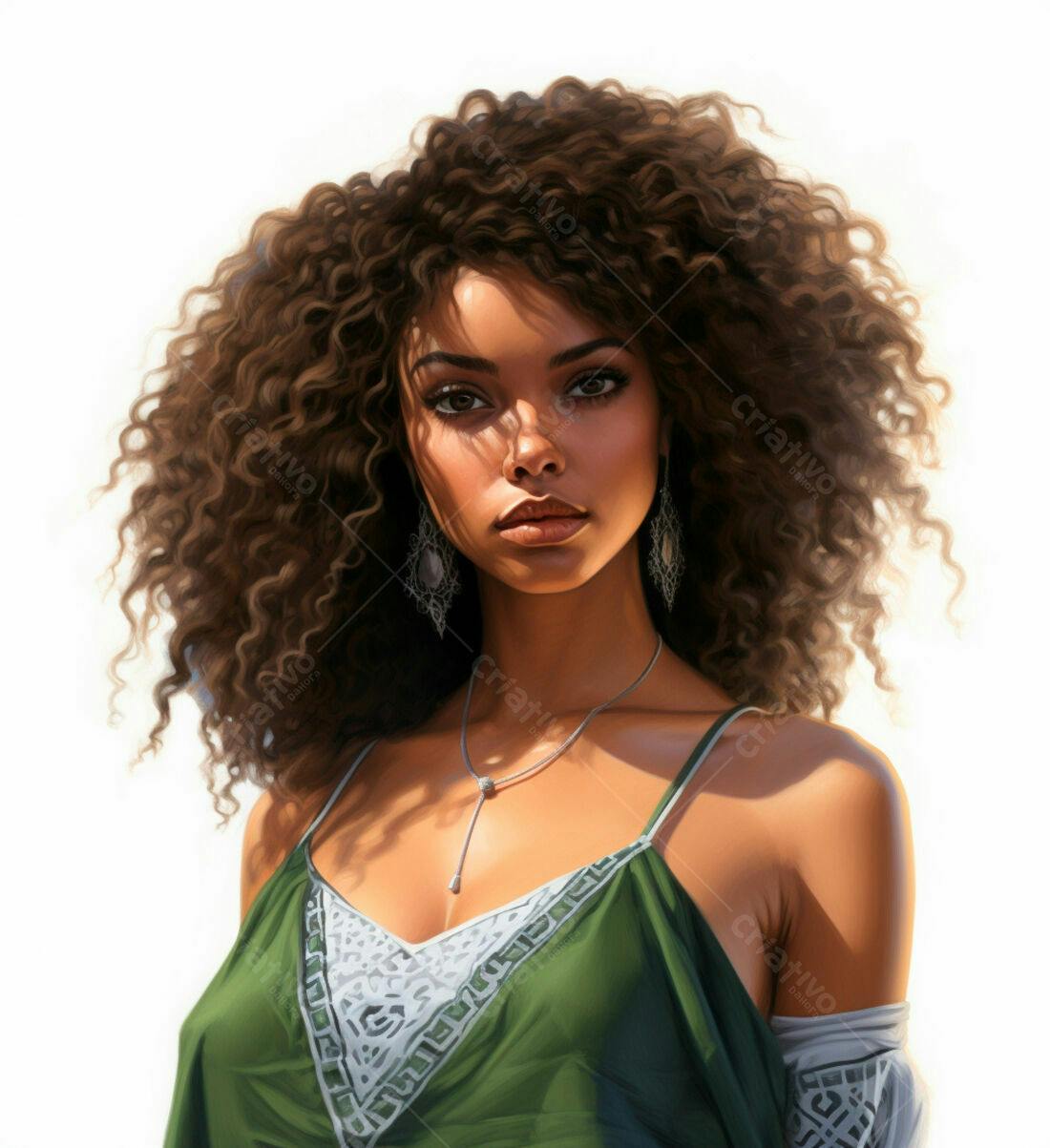 Retrato Mulher Negra Cabelo Cacheado Vestido Verde