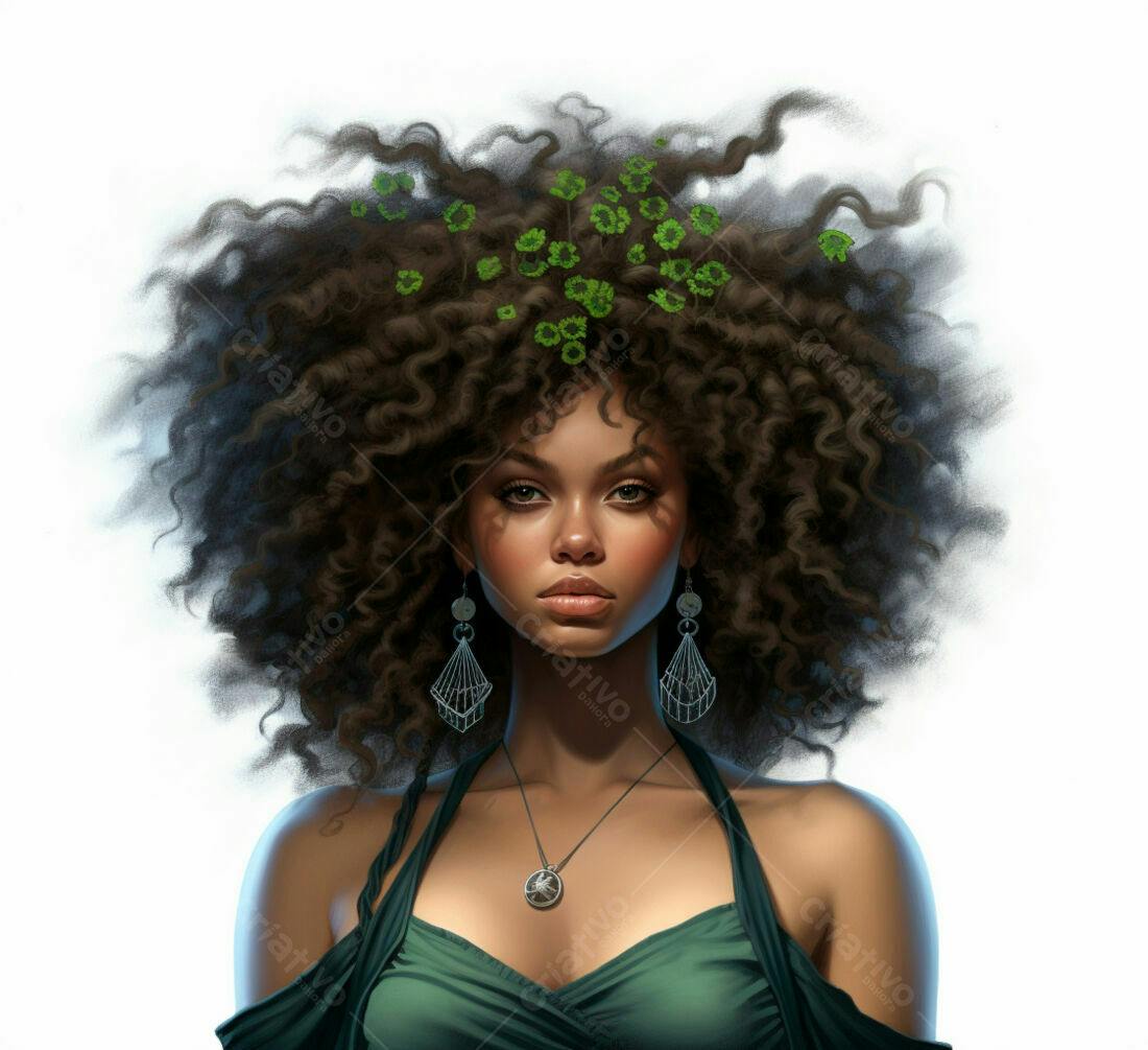 Mulher negra com cabelo afro e flores