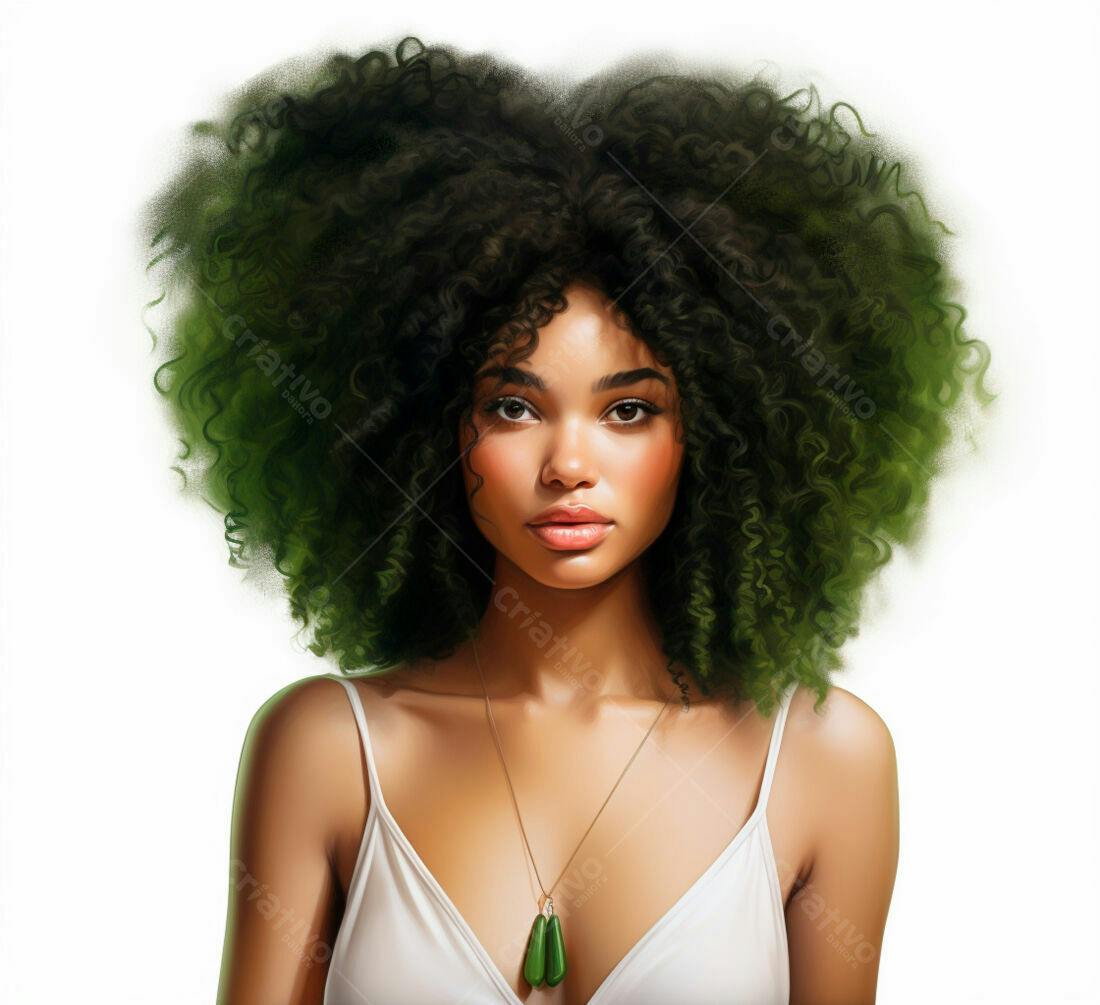 Mulher negra com cabelo afro verde e vestido branco