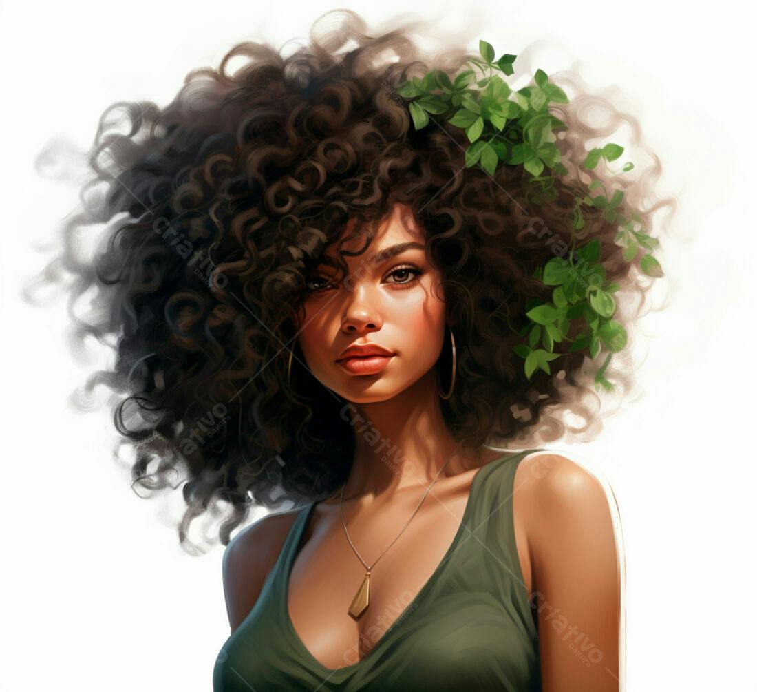 Mulher negra com cabelo afro e folhas verdes