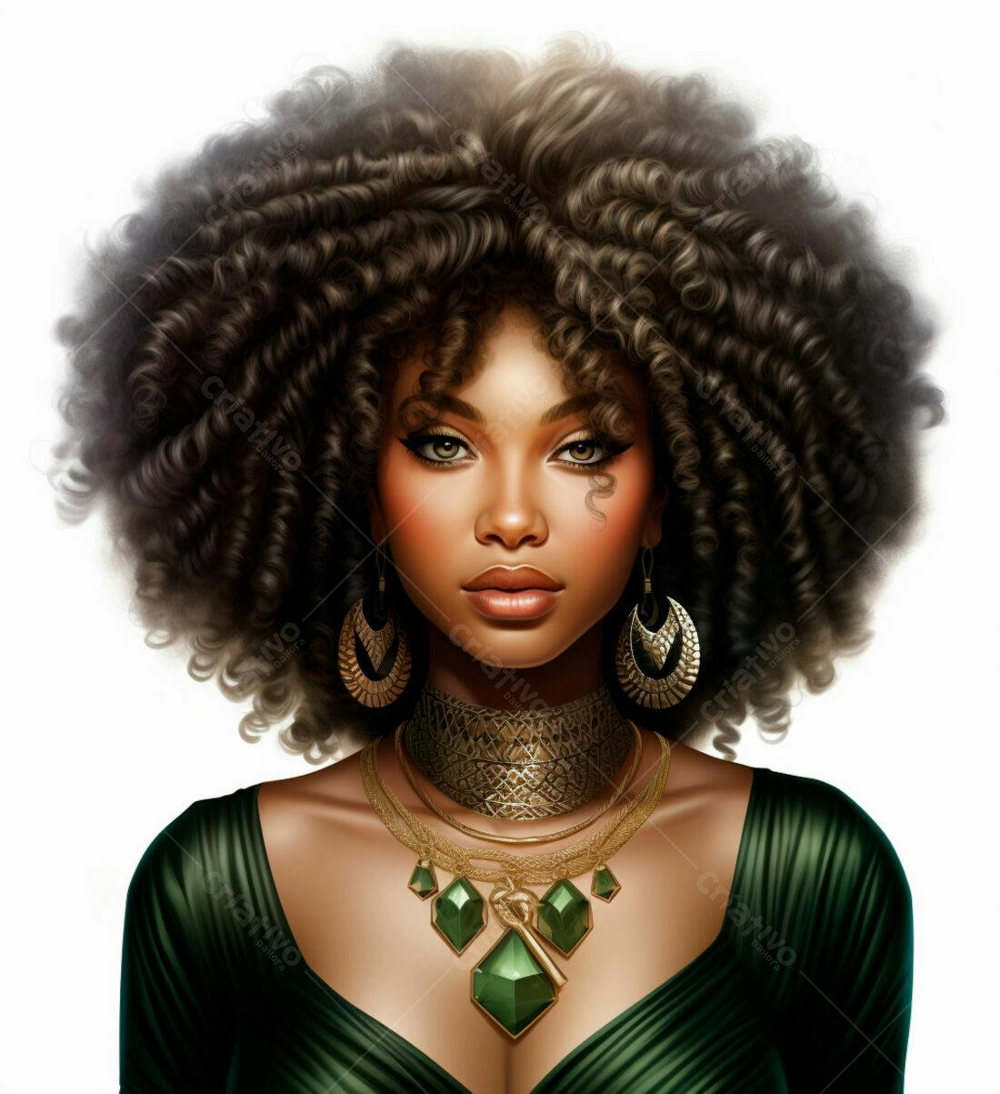 Mulher negra com cabelo afro usando joias douradas e vestido verde