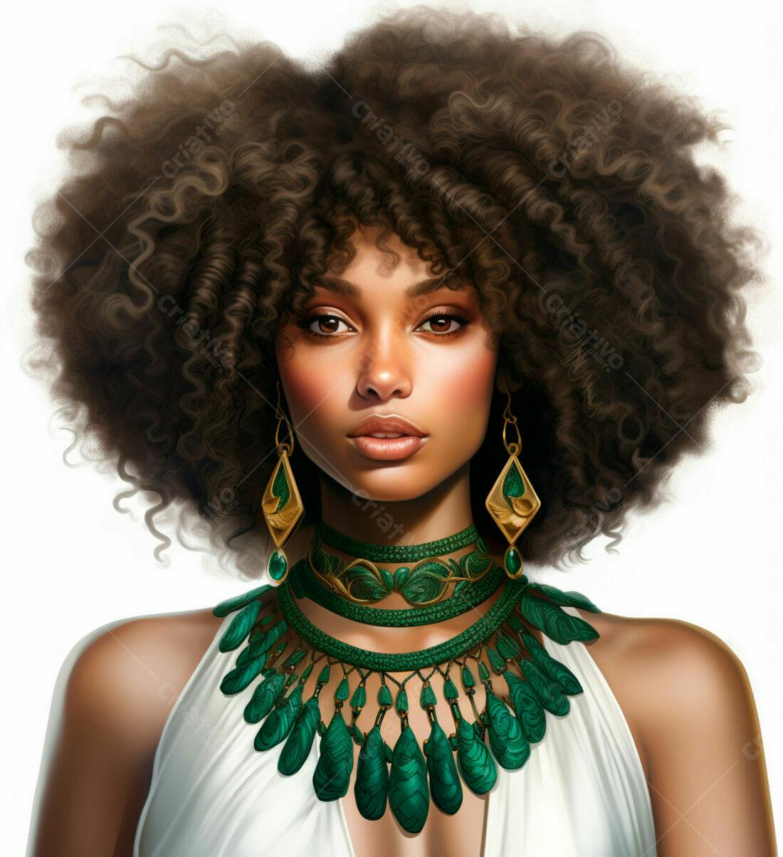 Retrato mulher negra com colar verde e dourado