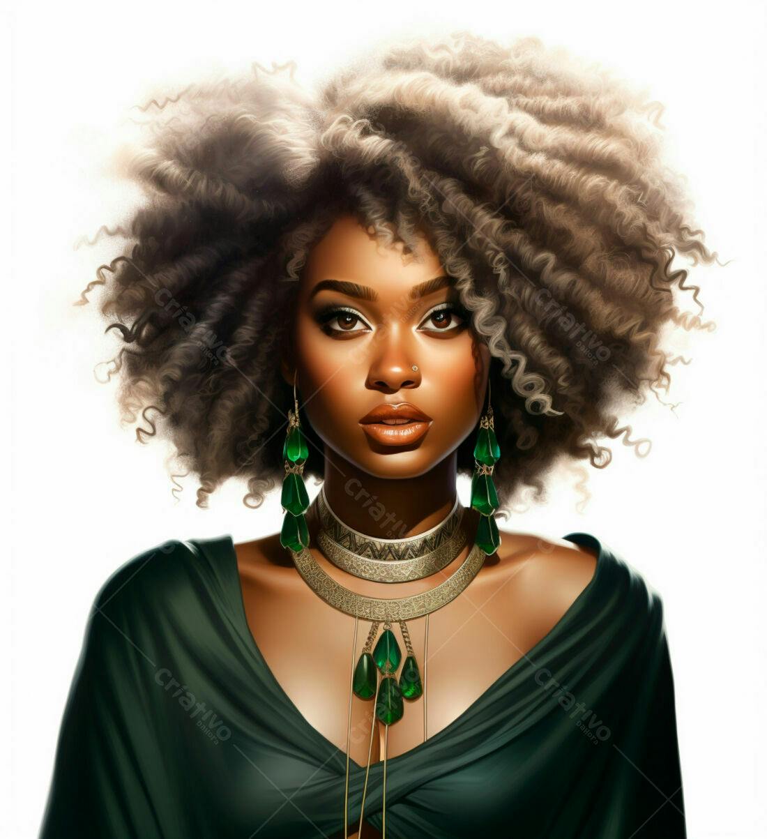 Mulher negra com cabelo afro e joias verdes