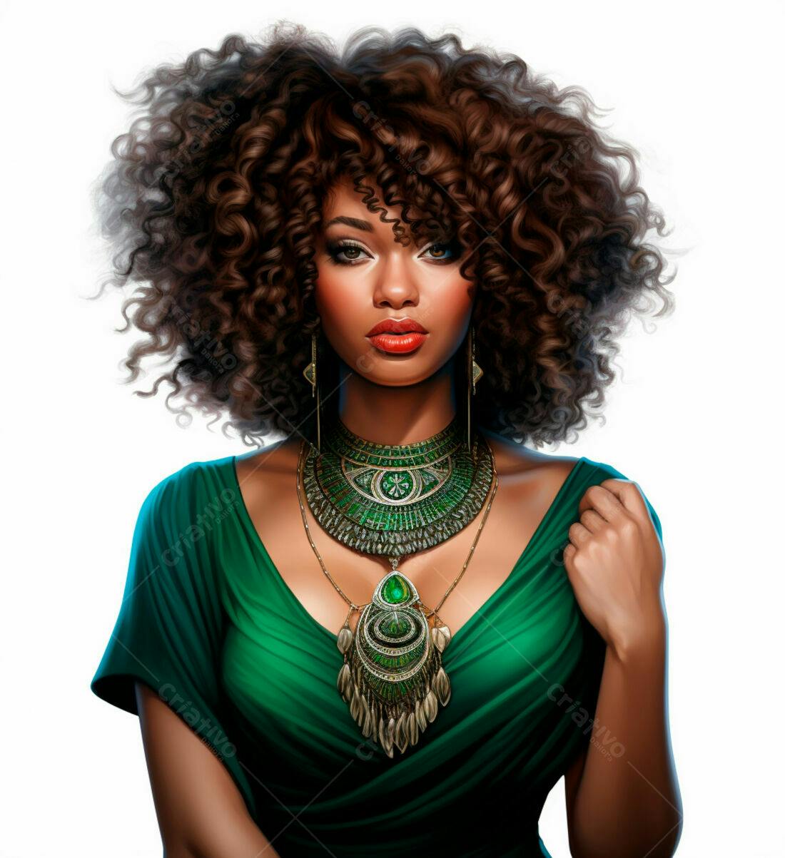 Mulher negra com cabelo crespo e joias verdes