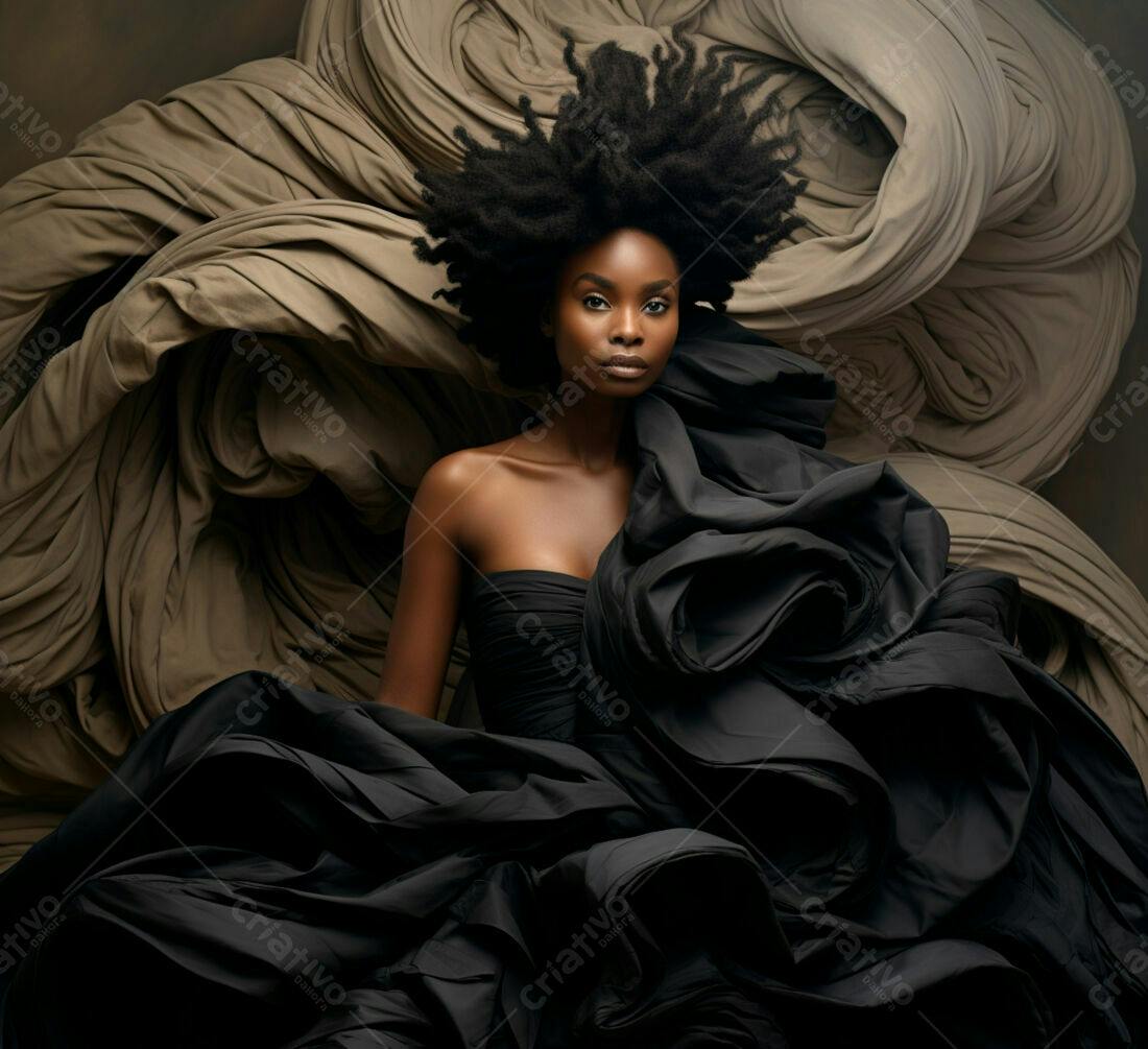 Modelo negra elegante em vestido preto com fundo texturizado