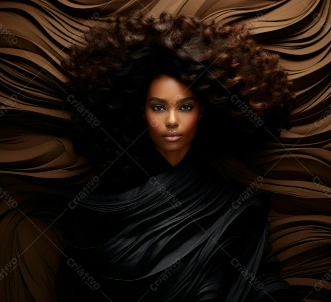Modelo negra com cabelo volumoso em fundo marrom