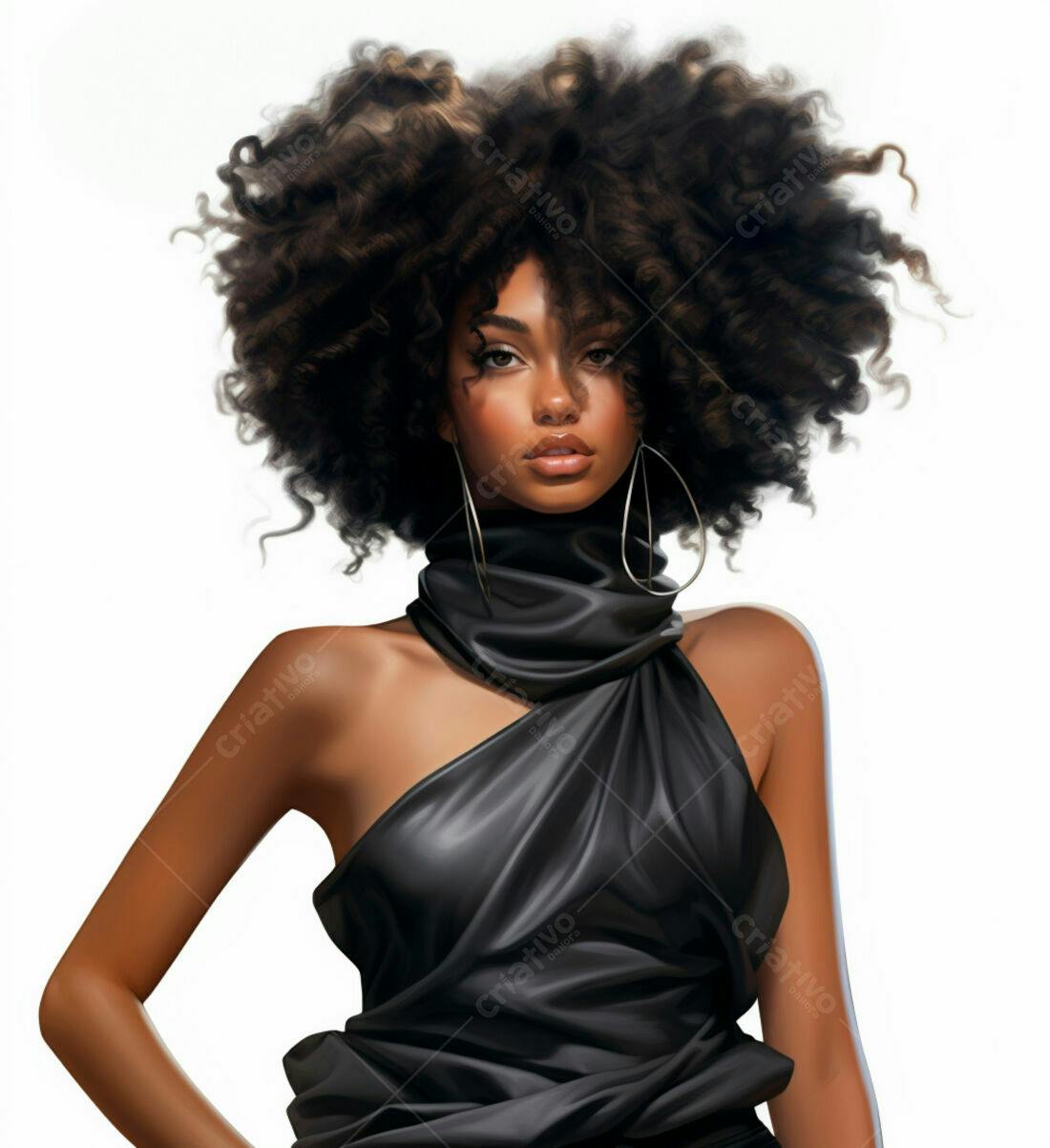 Mulher negra com cabelo afro usando vestido preto