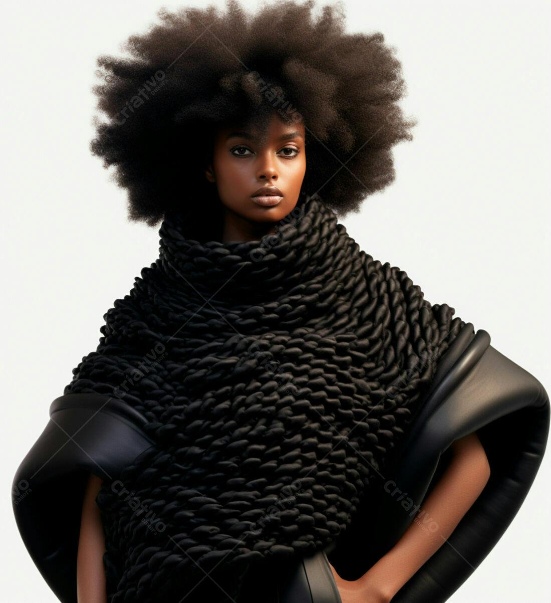 Modelo negra com cabelo afro usando peça de roupa preta