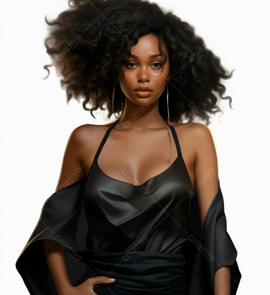 Retrato mulher negra cabelo crespo vestido preto