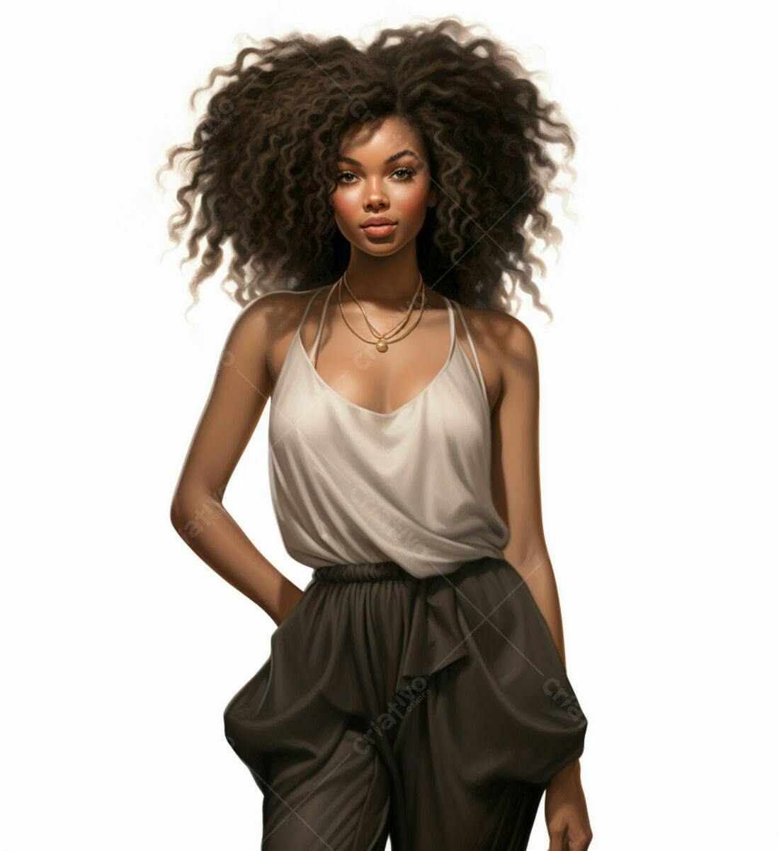 Modelo negra com cabelo crespo vestindo top branco e calça marrom