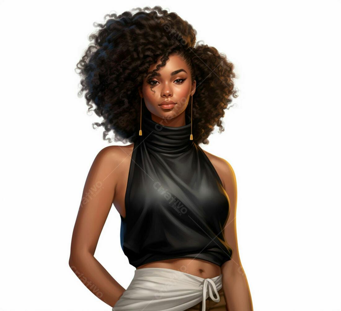 Modelo negra com cabelo afro usando top preto