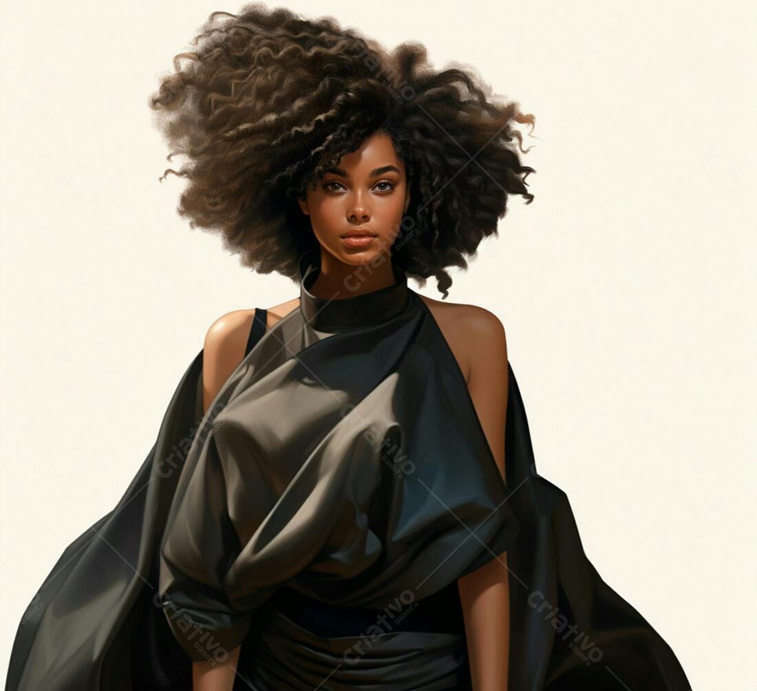 Modelo negra com cabelo afro vestindo vestido preto