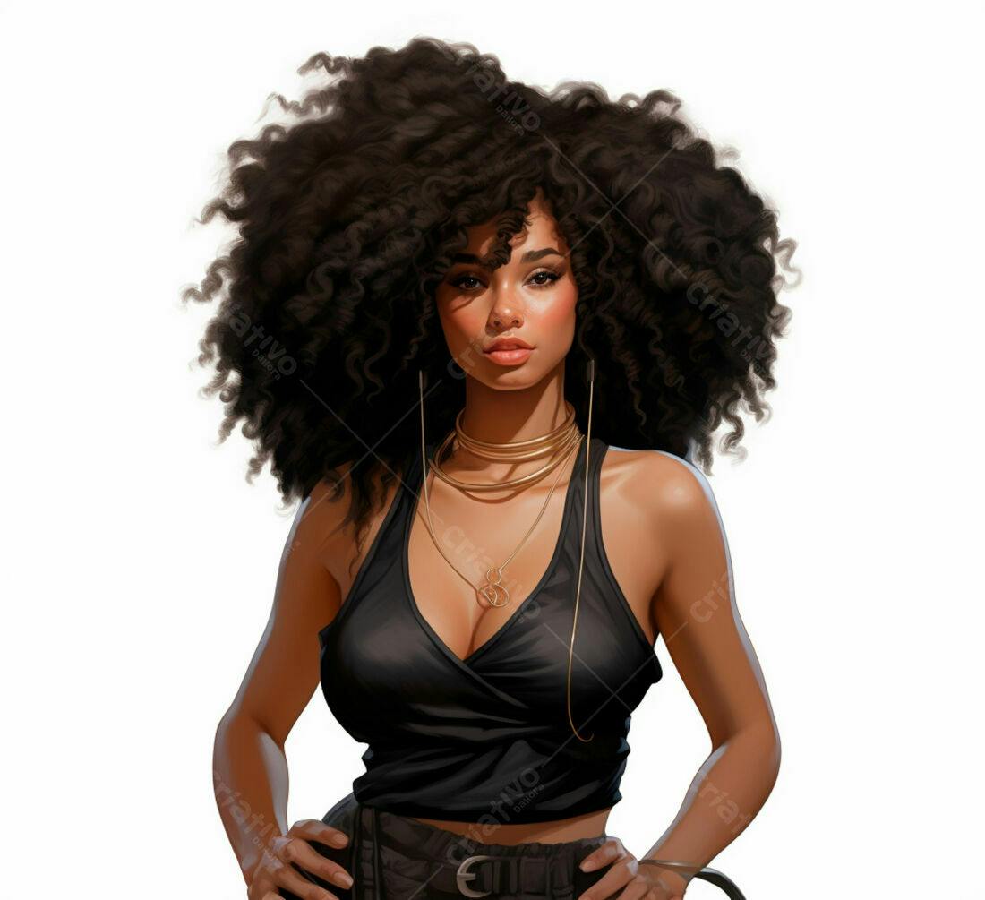 Mulher negra com cabelo afro usando top preto