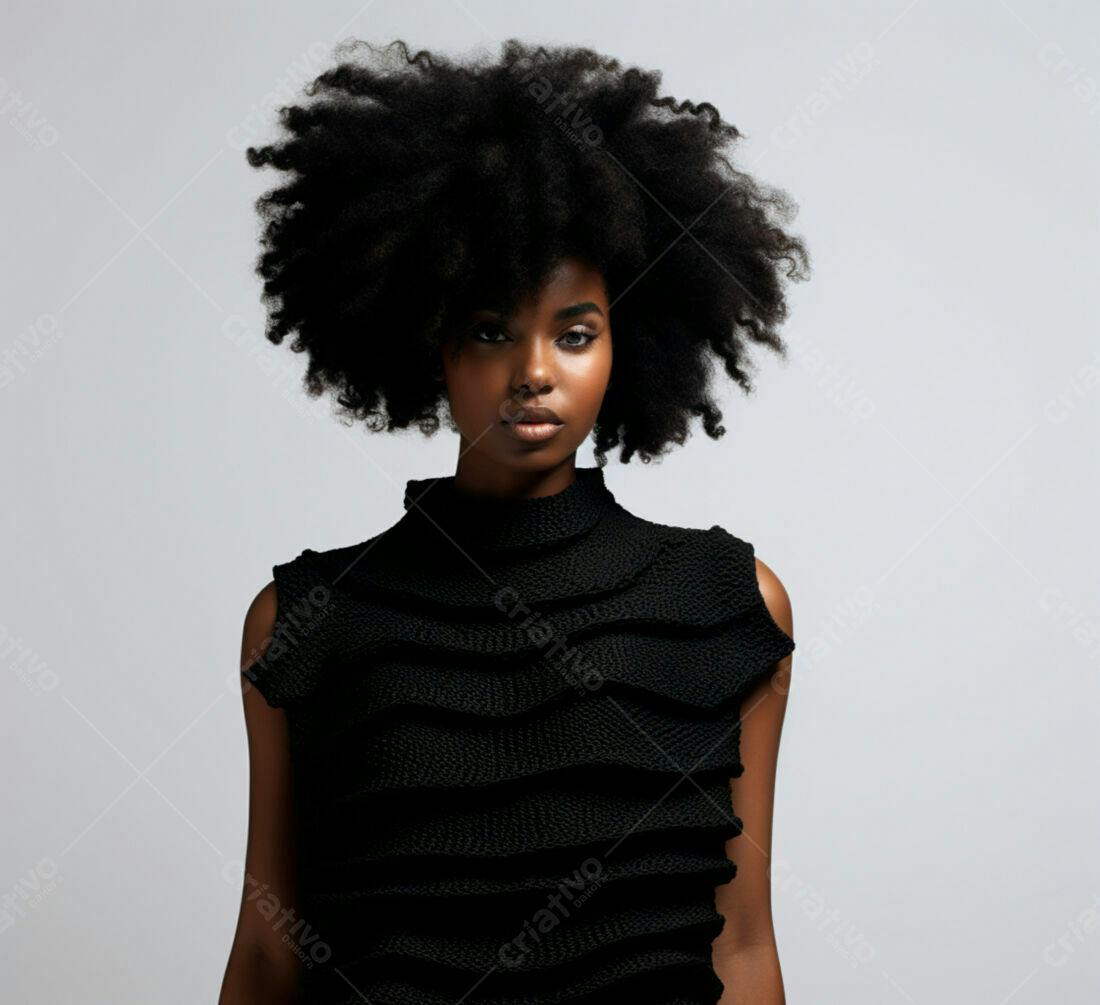 Modelo negra com cabelo afro vestindo top preto