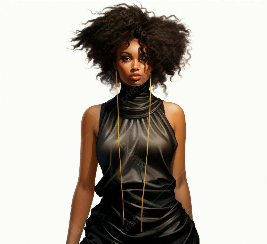 Mulher negra com vestido preto e brincos dourados