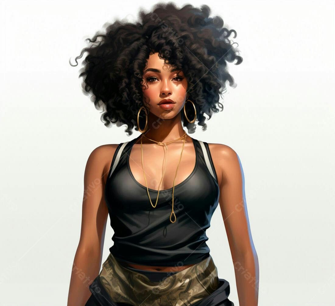 Mulher negra com cabelo afro usando top preto