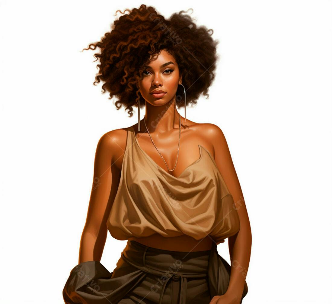 Mulher negra com cabelo afro usando top bege