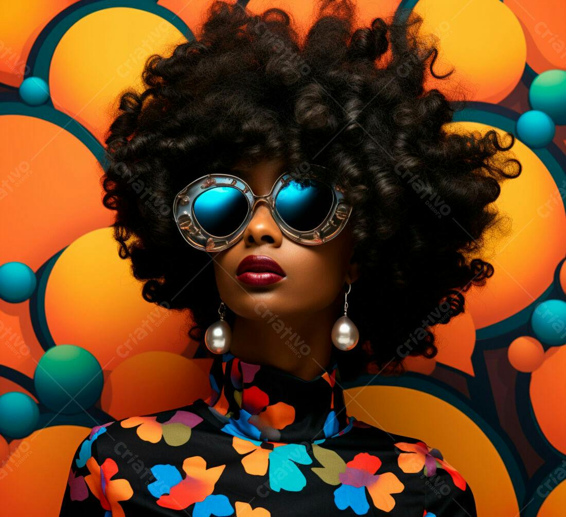 Modelo negra com óculos azuis e cabelo afro