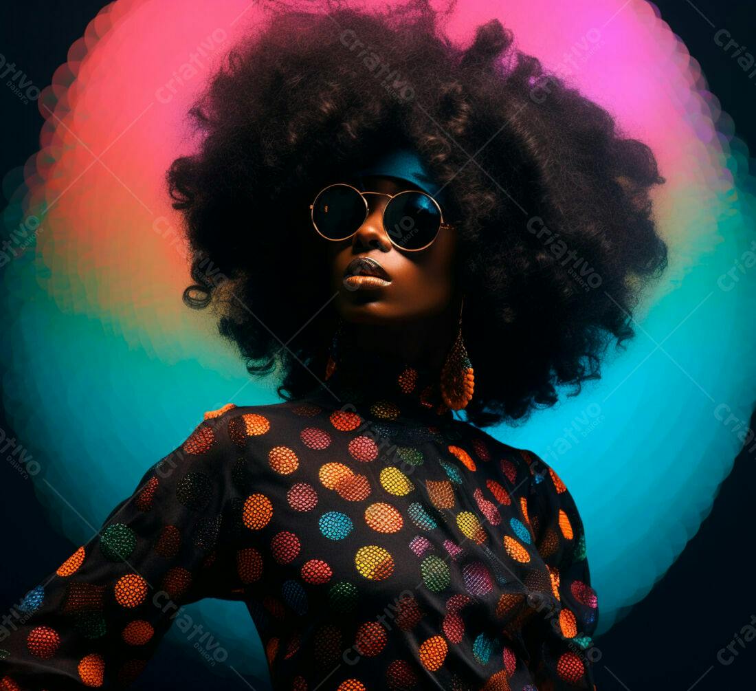 Modelo Afro com óculos e blusa colorida