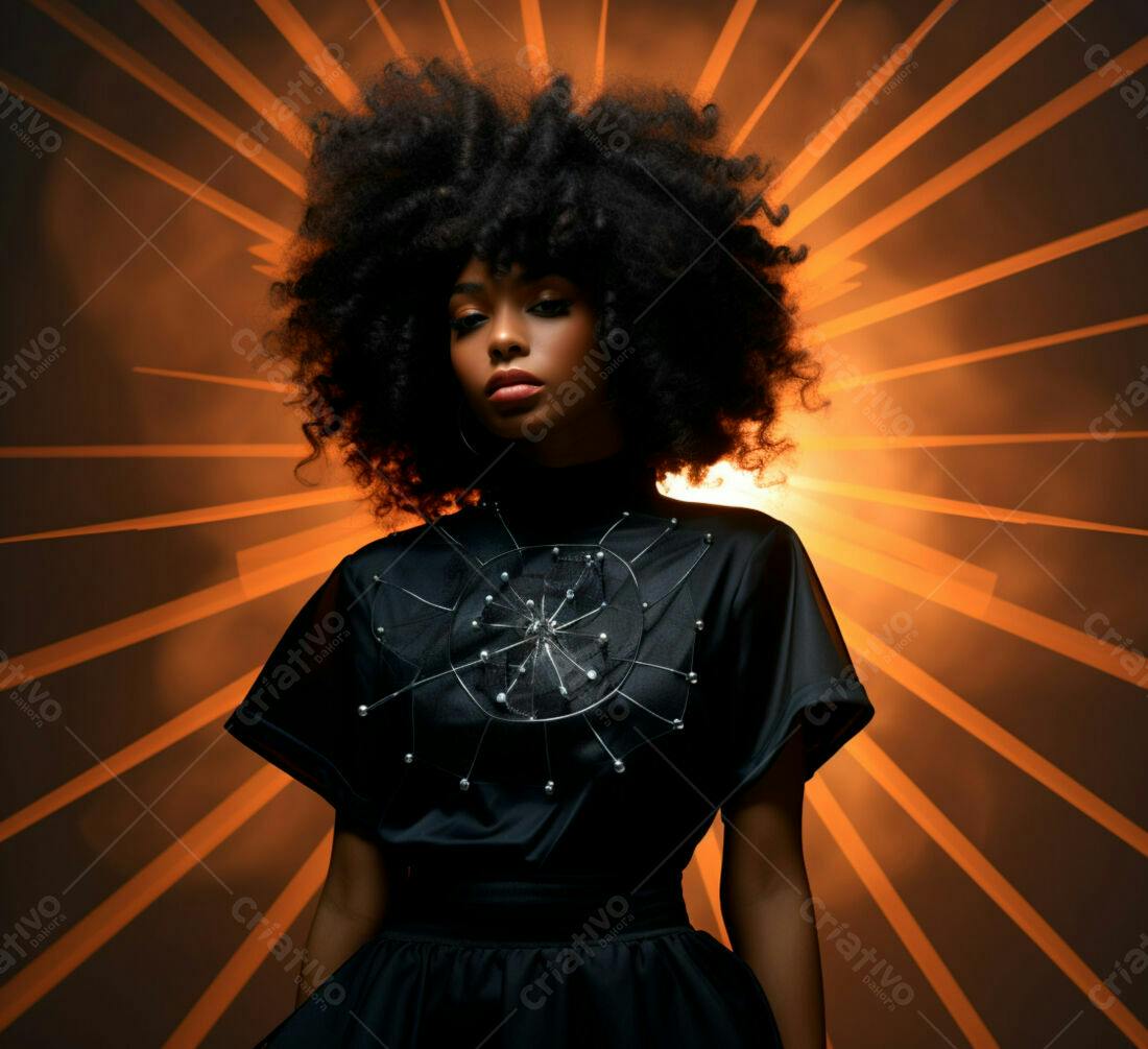 Modelo negra com cabelo afro em fundo laranja