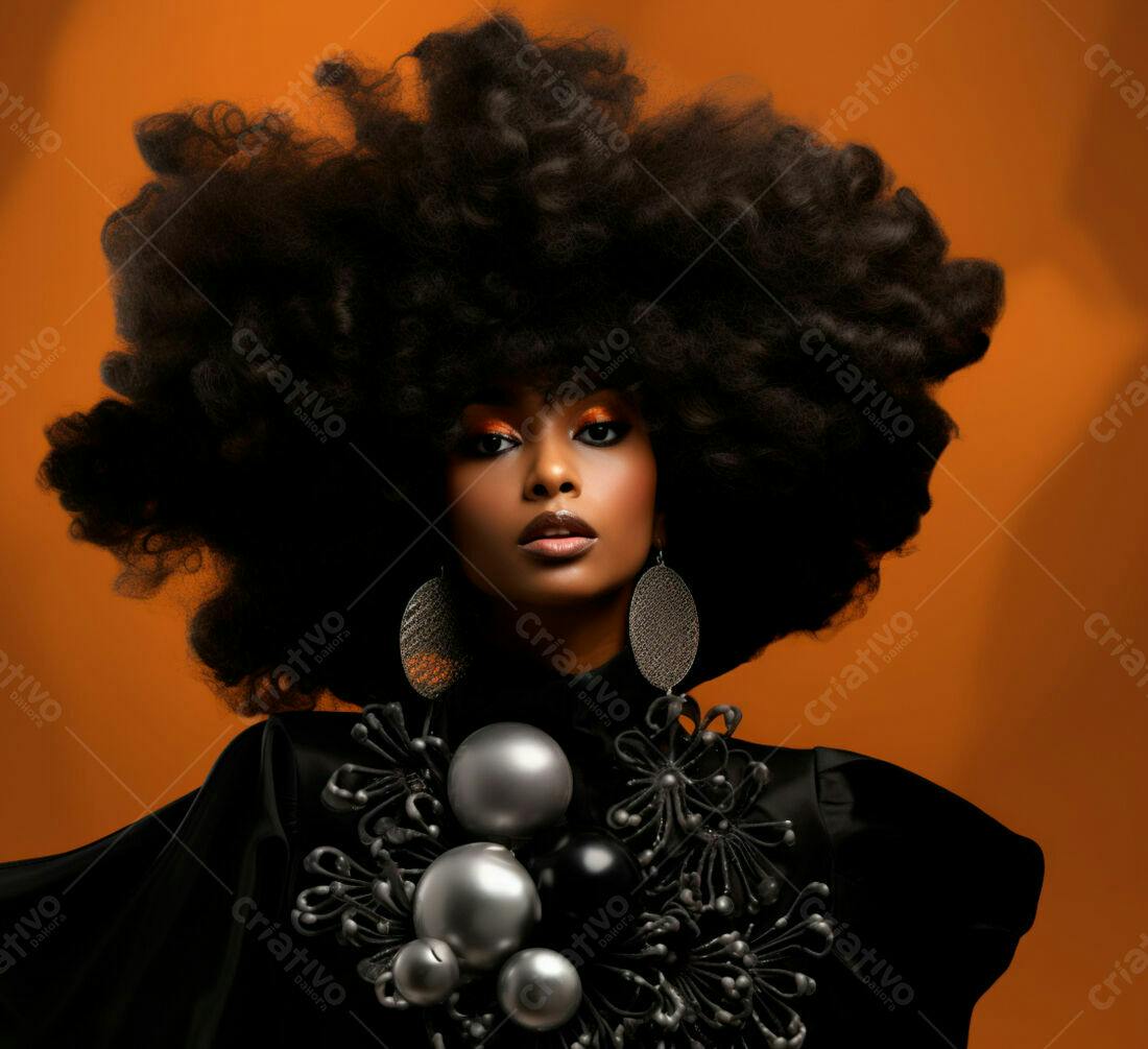 Modelo negra com cabelo afro volumoso e acessórios