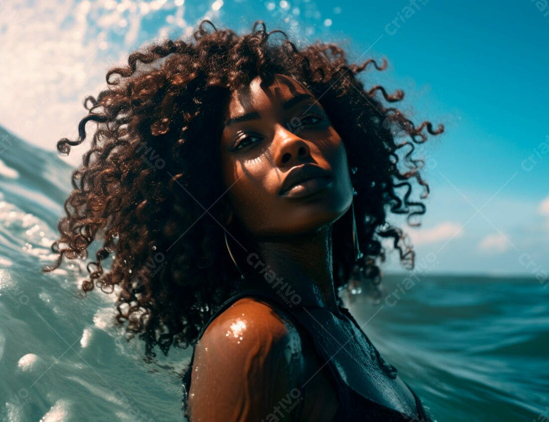 Mulher negra na água com cabelo cacheado
