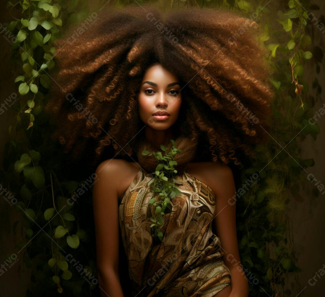 Modelo com cabelo afro cercada por plantas