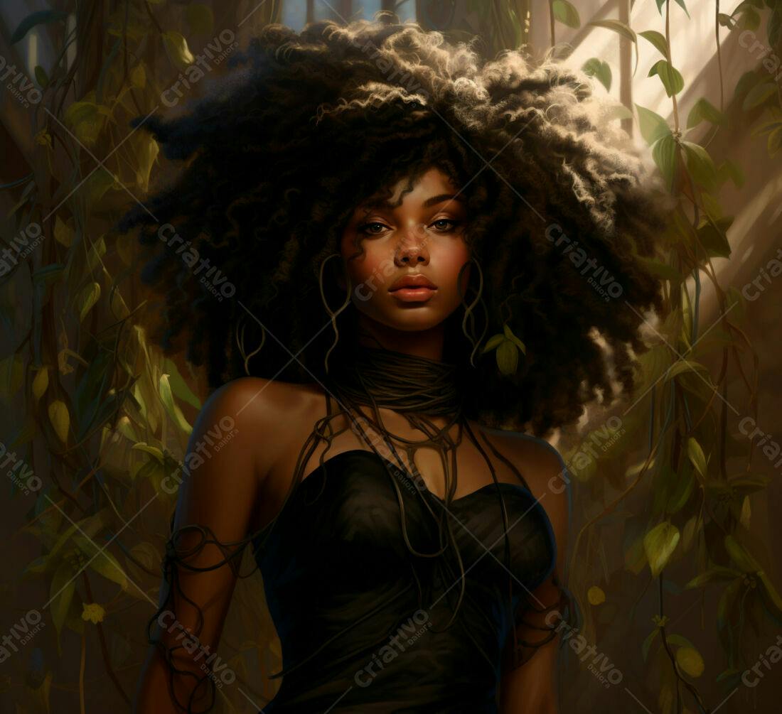 Mulher negra com cabelo afro em vestido preto