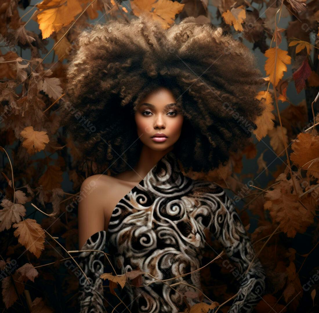 Modelo negra com cabelo afro em cenário outonal