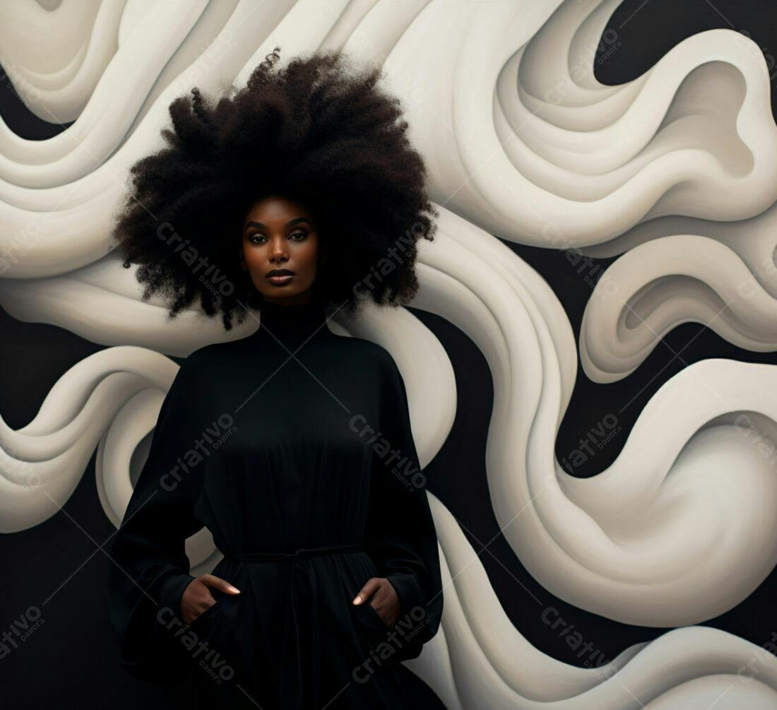 Modelo negra com cabelo afro usando vestido preto fundo abstrato