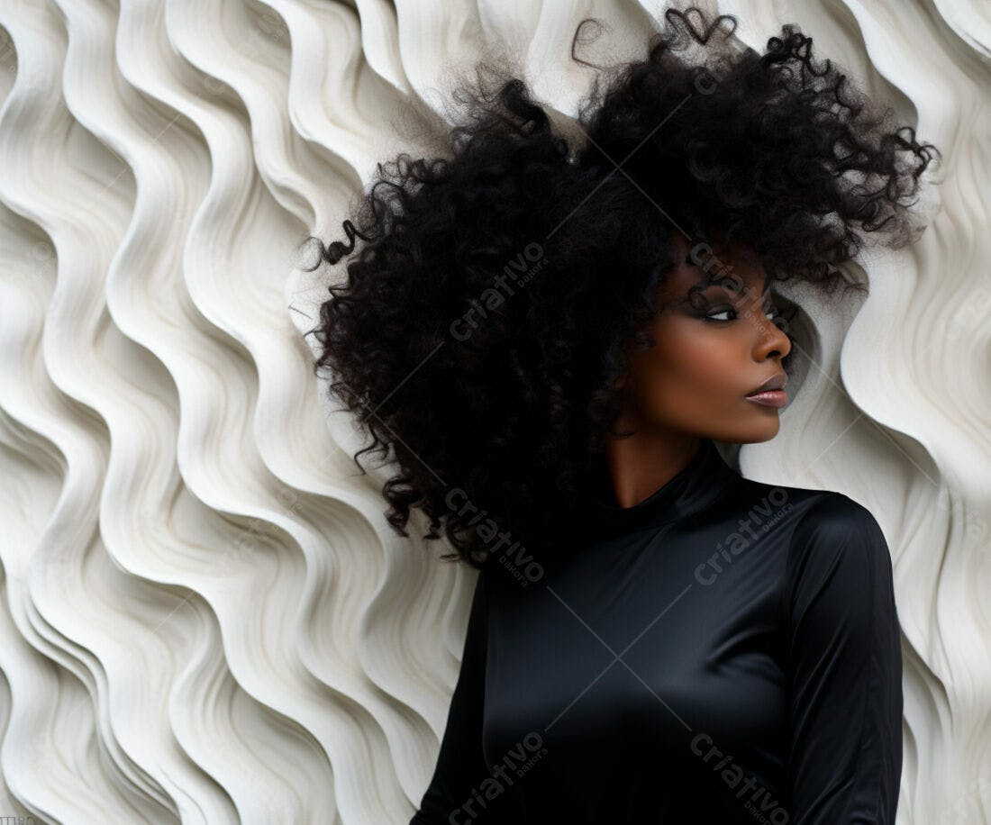 Modelo negra com cabelo afro volumoso fundo ondulado