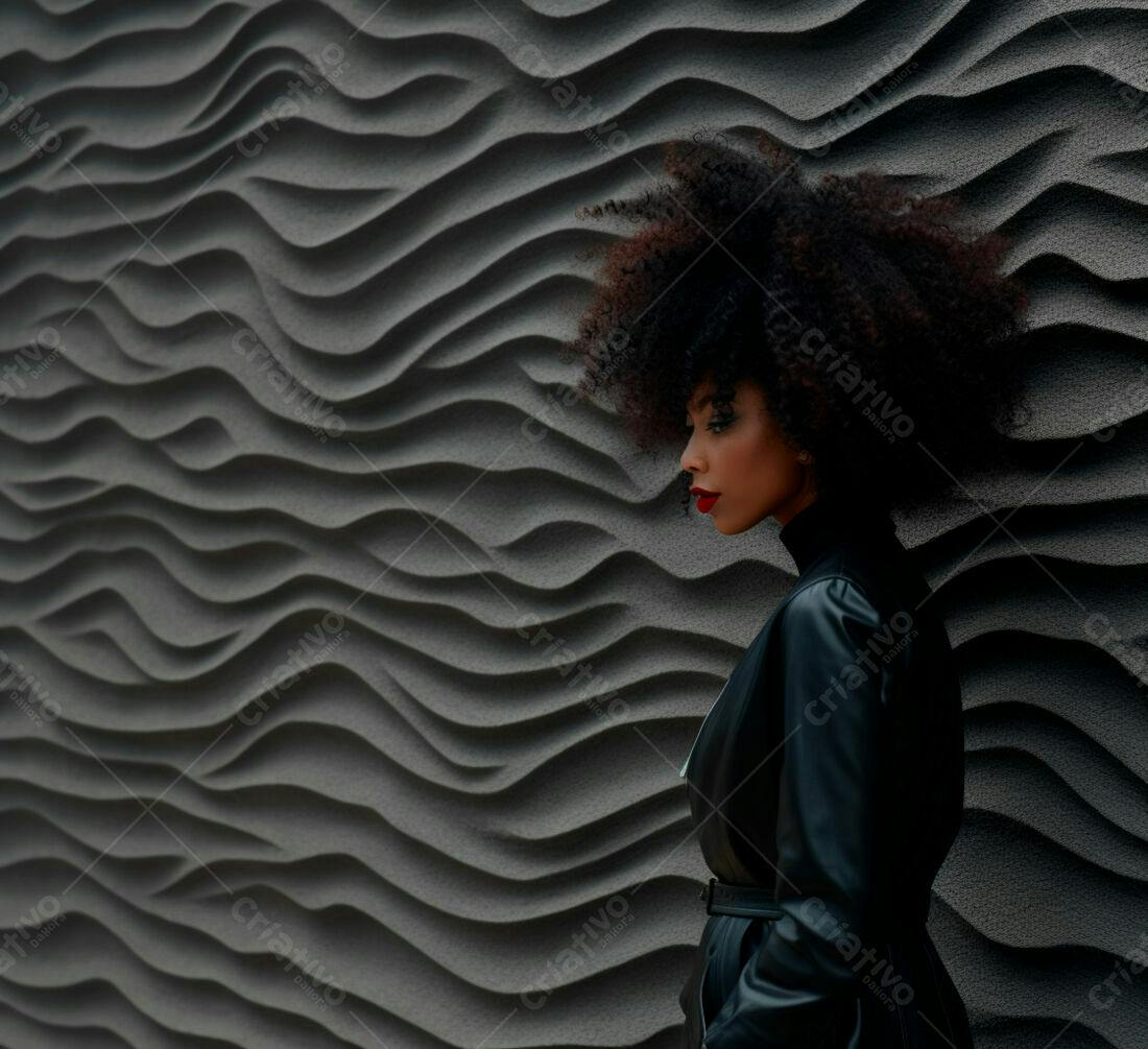 Mulher negra com cabelo afro usando casaco de couro
