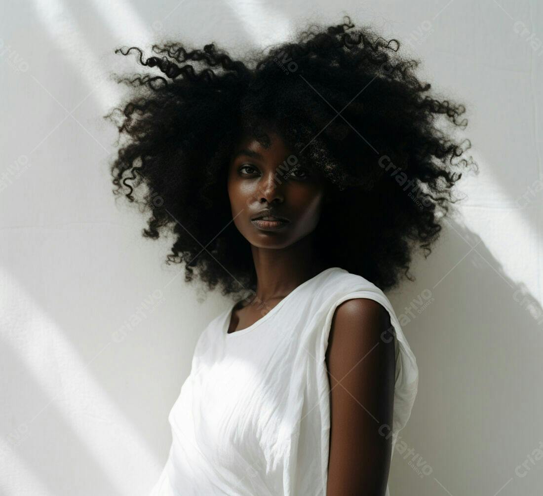 Mulher negra com cabelo afro volumoso em estúdio