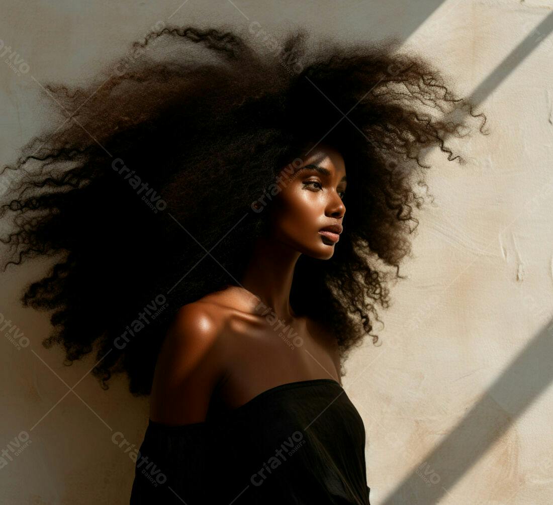 Modelo negra com cabelo afro volumoso em estúdio