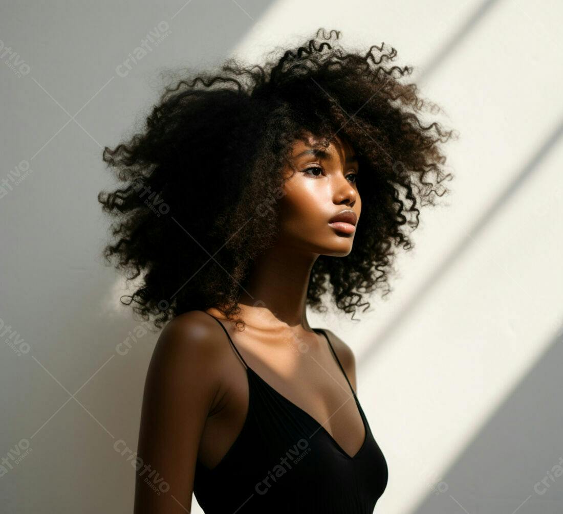 Modelo negra com cabelo afro em estúdio