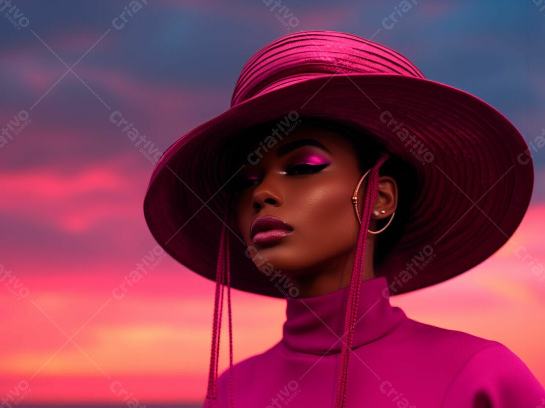 Modelo negra com chapéu rosa ao entardecer