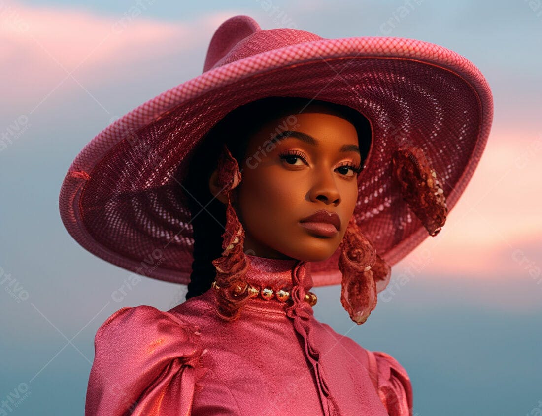 Modelo negra usando chapéu rosa ao entardecer