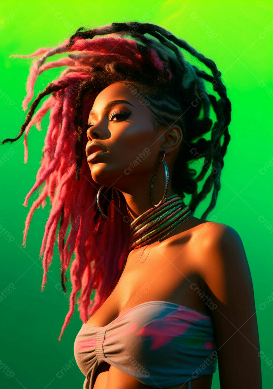 Modelo negra com dreads rosa e acessórios