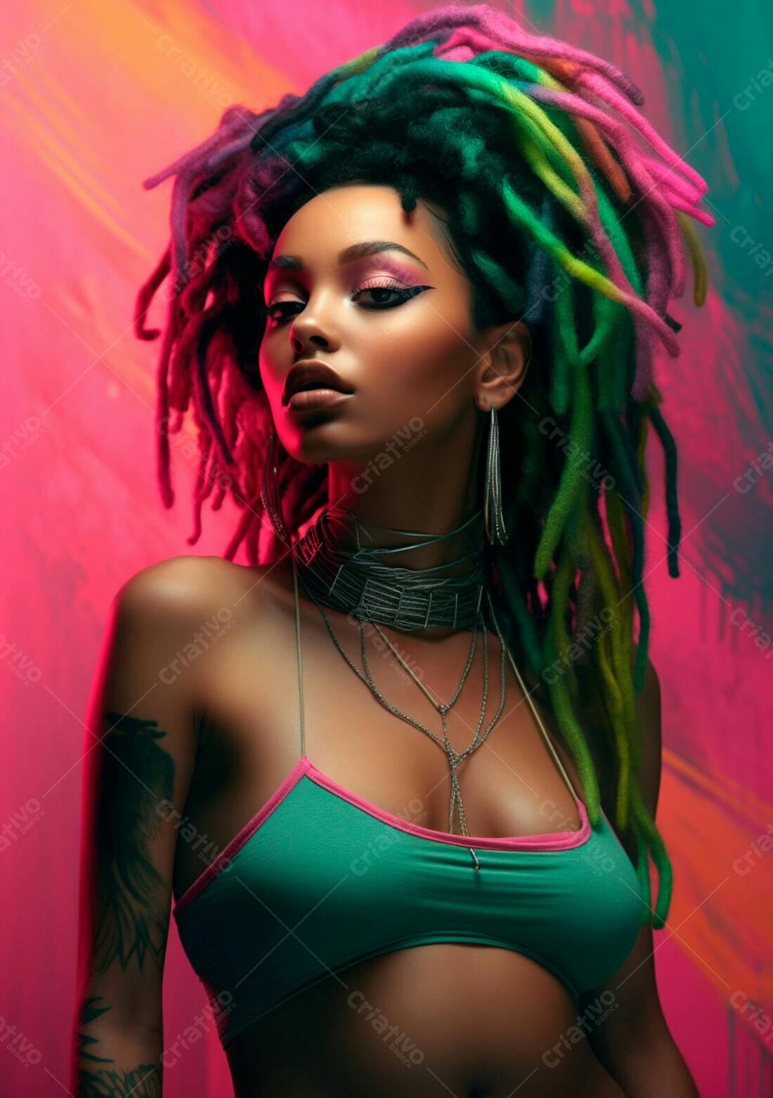 Modelo negra com dreads coloridos e joias